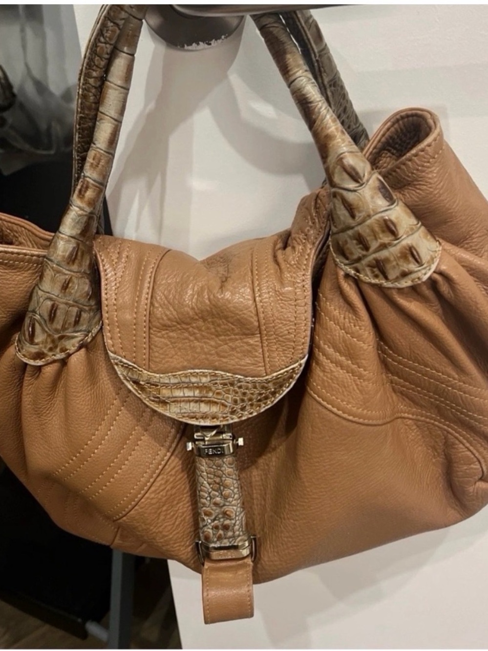 Brown Leather Hobo Bag with Textured Handle - Picture 4 of 4